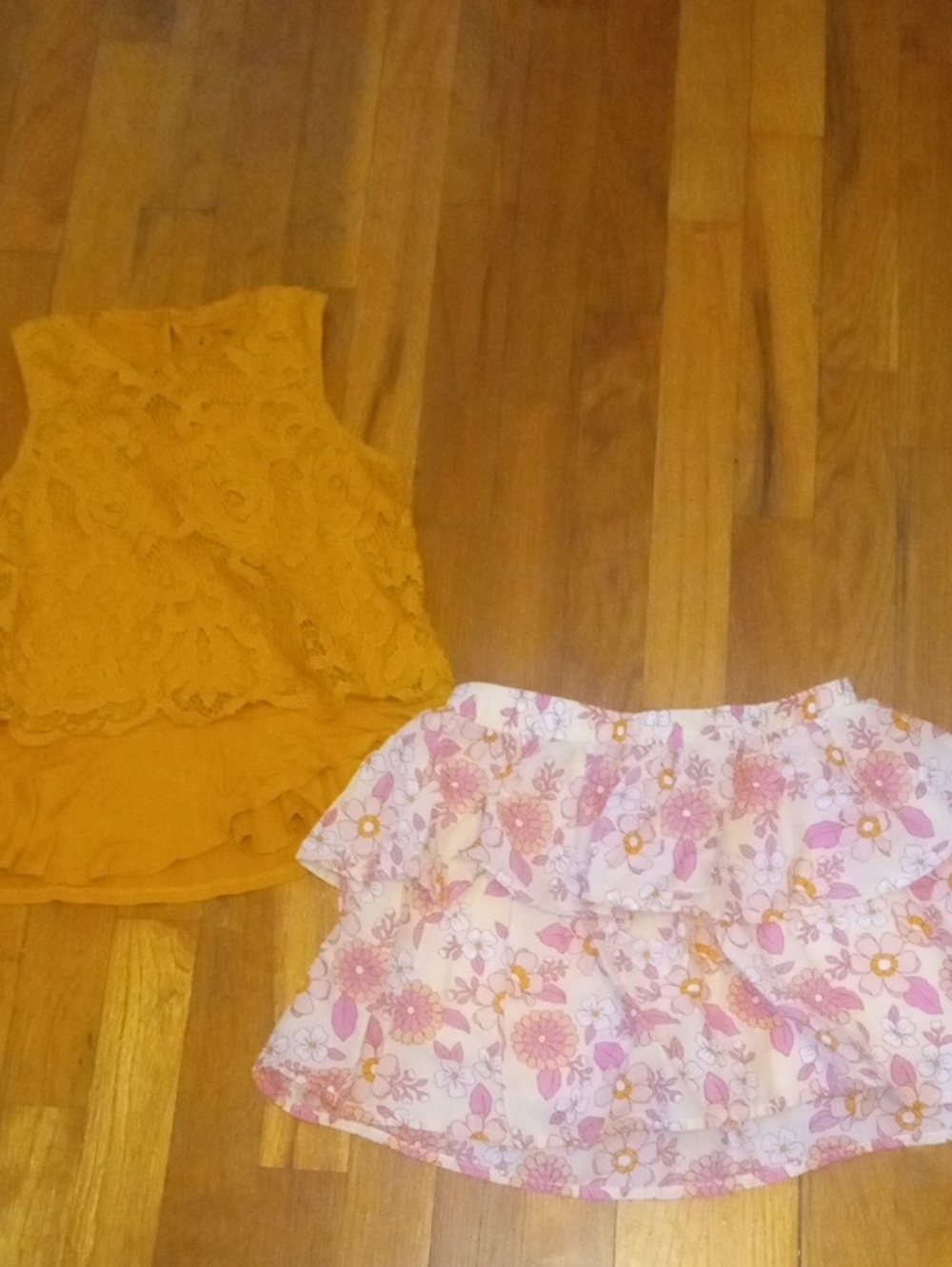Girls 8 Floral Pink Tiered Skort with Mustard crochet accent tank